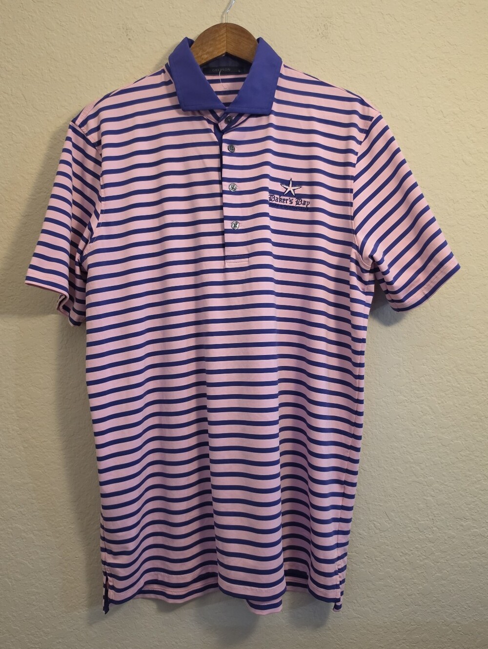 Greyson Golf Club Polo Shirt Mens Large Pink Purple Stripe Embroidered Logo